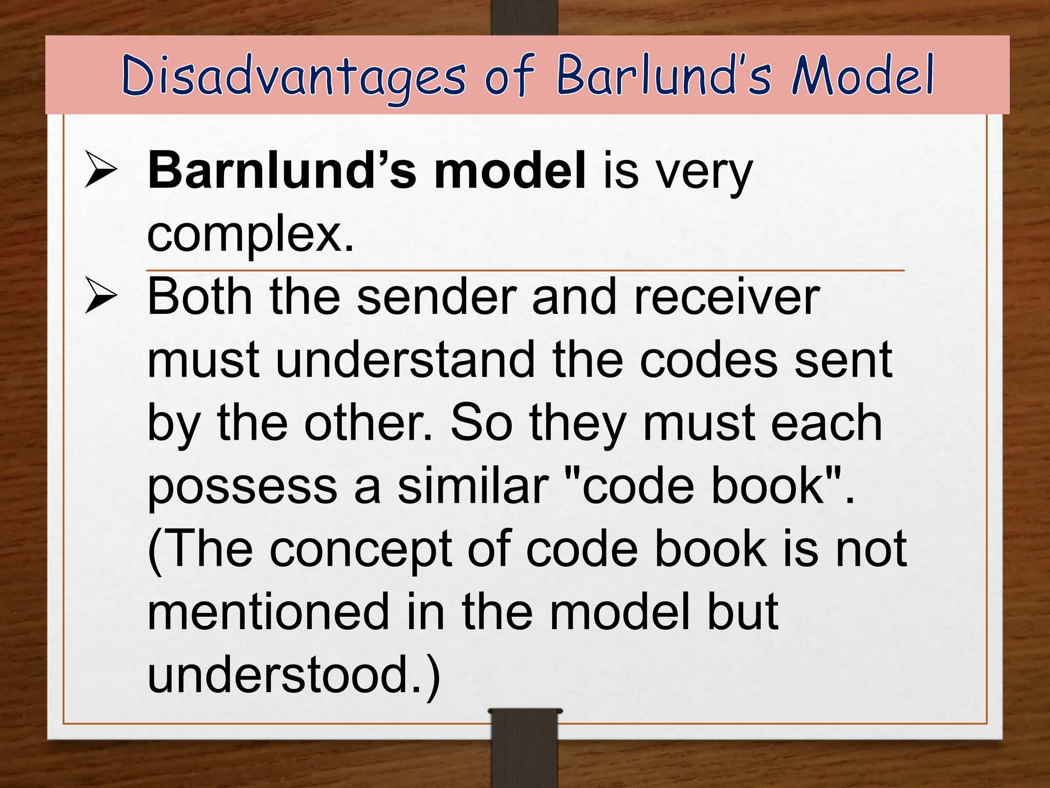  Barnlund’s model is very
complex.
 Both the sender and receiver
must understand the codes sent
by the other. So they must each
possess a similar "code book".
(The concept of code book is not
mentioned in the model but
understood.)
 