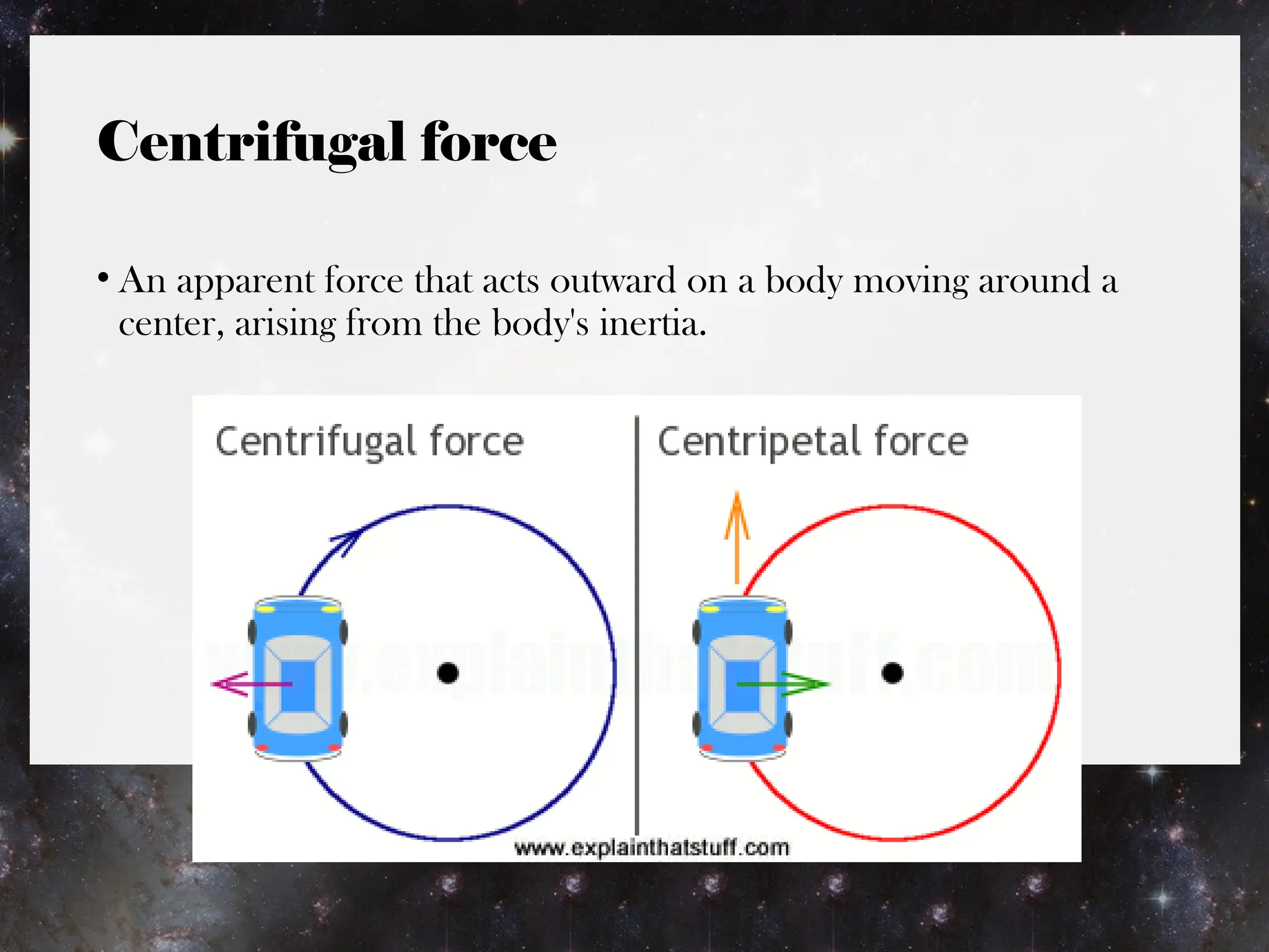 Centrifugal force
• An apparent force that acts outward on a body moving around a
center, arising from the body's inertia.
 