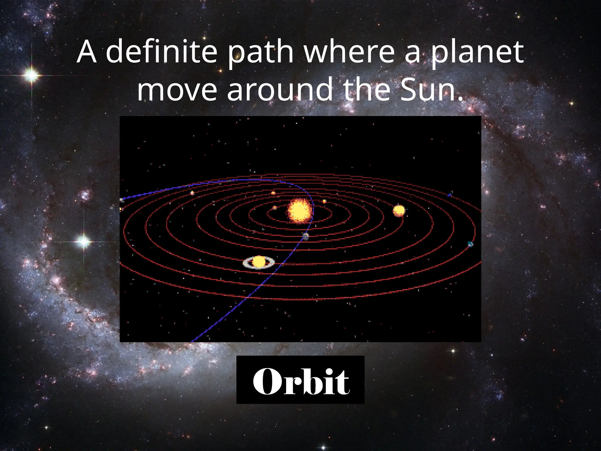 Orbit
A definite path where a planet
move around the Sun.
 