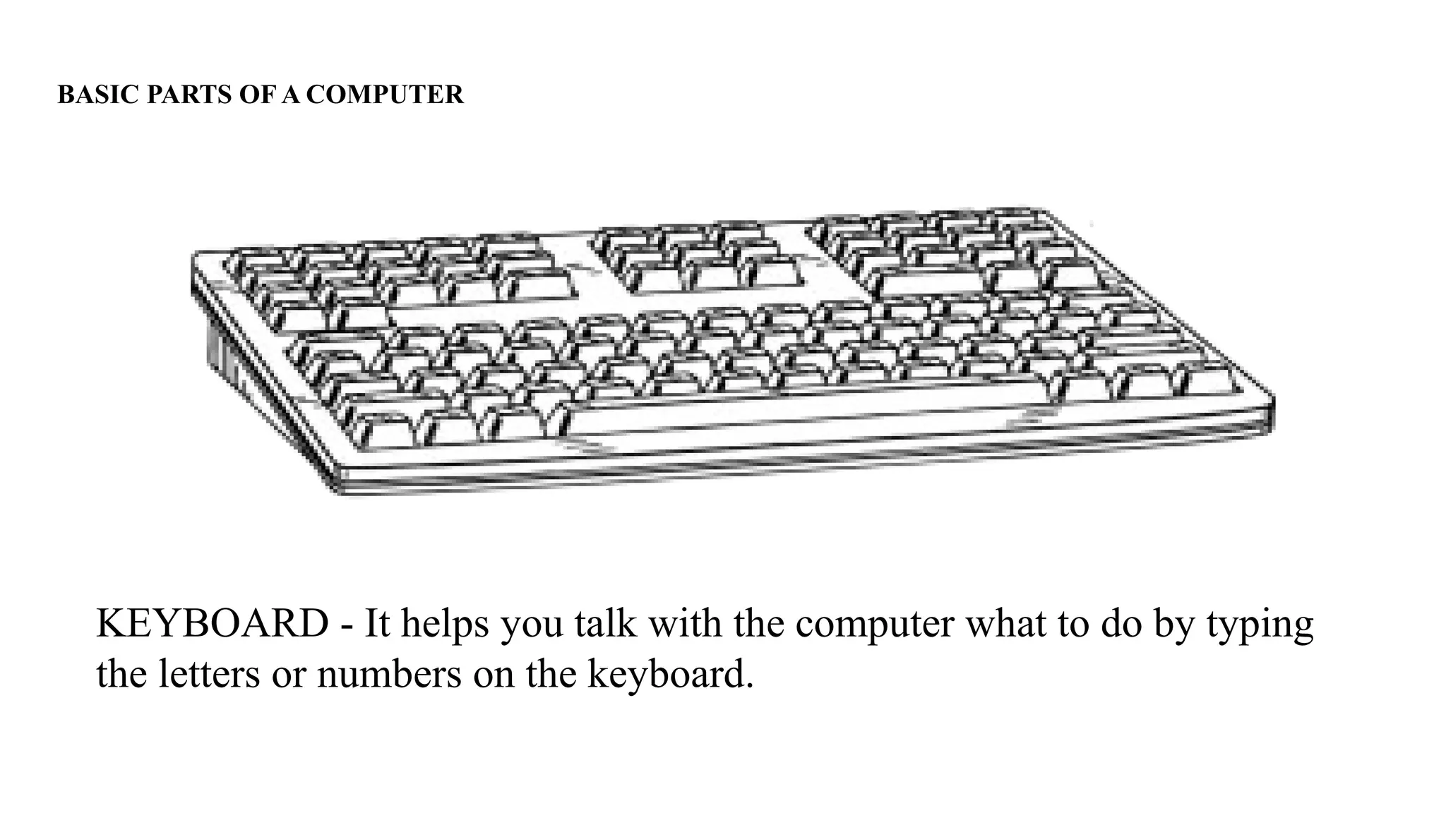 BASIC PARTS OF A COMPUTER
KEYBOARD - It helps you talk with the computer what to do by typing
the letters or numbers on the keyboard.
 