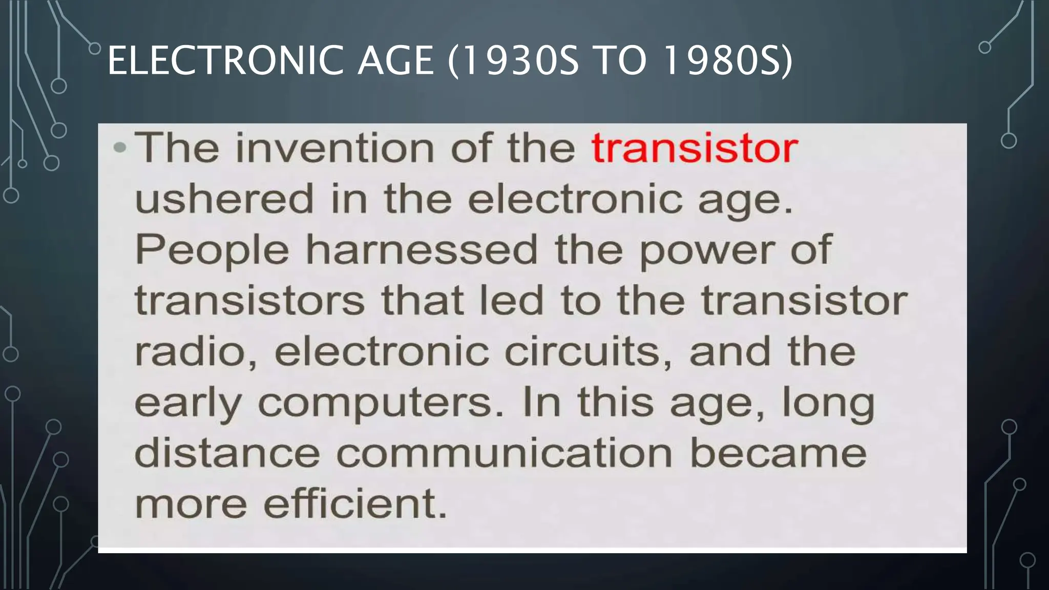 ELECTRONIC AGE (1930S TO 1980S)
 