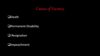 Causes of Vacancy
Death
Permanent Disability
 Resignation
Impeachment
 
