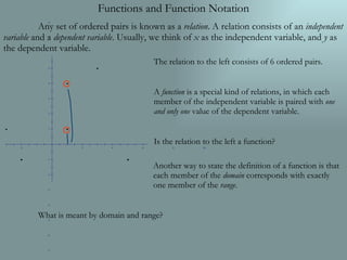 Functions and Function Notation Any set of ordered pairs is known as a  relation . A relation consists of an  independent variable  and a  dependent   variable . Usually, we think of  x  as the independent variable, and  y  as the dependent variable. The relation to the left consists of 6 ordered pairs. A  function  is a special kind of relations, in which each member of the independent variable is paired with  one   and only one  value of the dependent variable. Is the relation to the left a function?   Another way to state the definition of a function is that    each member of the  domain  corresponds with exactly    one member of the  range . What is meant by domain and range? 