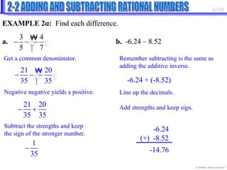 EXAMPLE 2 α :  Find each difference. a.   b.  -6.24 – 8.52 2-2 ADDING AND SUBTRACTING RATIONAL NUMBERS EX2 β Get a common denominator. Negative negative yields a positive. Subtract the strengths and keep the sign of the stronger number. Remember subtracting is the same as adding the additive inverse. -6.24 + (-8.52) Line up the decimals. Add strengths and keep sign. -14.76 -6.24 (+)  -8.52 