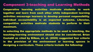 Component 3-teaching and Learning Methods
Cooperative learning activities motivate students to work
together and learn from each other while independent learning
activities encourage learners to develop personal responsibility.
Individual accountability is an expected outcome. Likewise,
competitive activities motivate students to perform to their
maximum.
In selecting the appropriate methods to be used in teaching, the
teaching-learning environment should also be considered. Brian
Castaldi as cited by Bilbao, et. al. (2020) suggested four criteria
in the provision of the environment or learning spaces in
designing a curriculum. These criteria include the following:
 