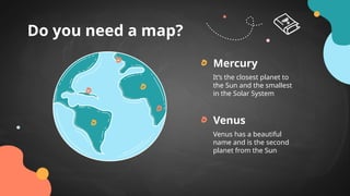 Do you need a map?
It’s the closest planet to
the Sun and the smallest
in the Solar System
Mercury
Venus has a beautiful
name and is the second
planet from the Sun
Venus
 