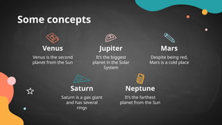 Some concepts
Venus is the second
planet from the Sun
Venus
It’s the biggest
planet in the Solar
System
Jupiter
Despite being red,
Mars is a cold place
Mars
Saturn is a gas giant
and has several
rings
Saturn
It’s the farthest
planet from the Sun
Neptune
 