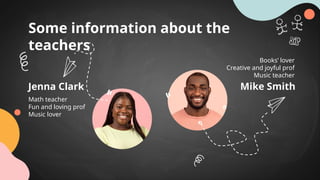 Some information about the
teachers
Math teacher
Fun and loving prof
Music lover
Books’ lover
Creative and joyful prof
Music teacher
Jenna Clark Mike Smith
 