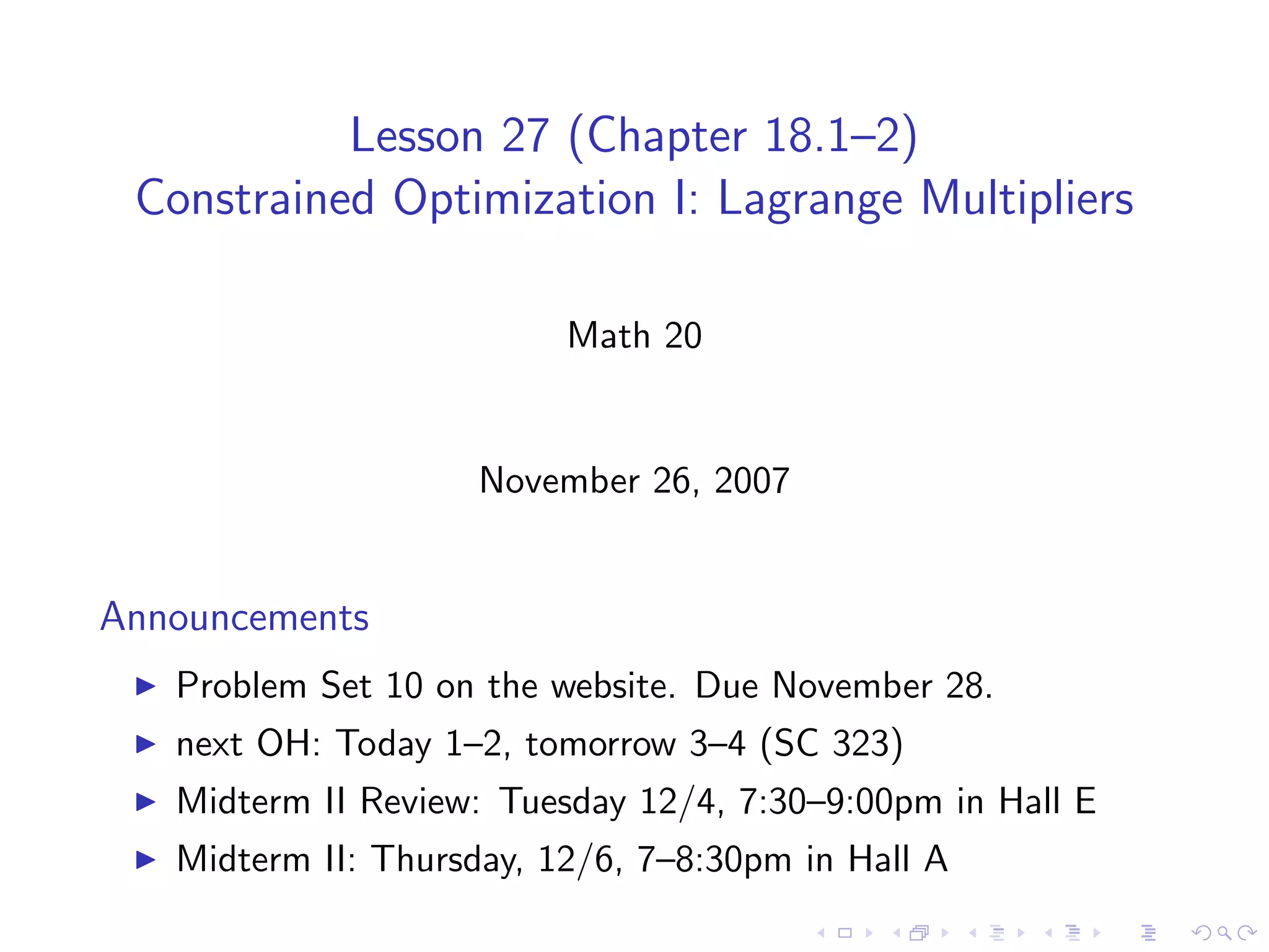 Lesson 27: Lagrange Multipliers I