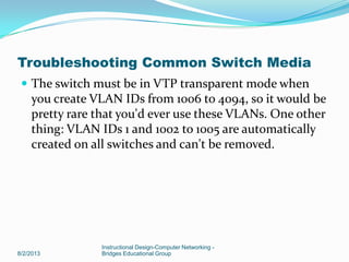  The switch must be in VTP transparent mode when
you create VLAN IDs from 1006 to 4094, so it would be
pretty rare that you'd ever use these VLANs. One other
thing: VLAN IDs 1 and 1002 to 1005 are automatically
created on all switches and can't be removed.
8/2/2013
Instructional Design-Computer Networking -
Bridges Educational Group
Troubleshooting Common Switch Media
 