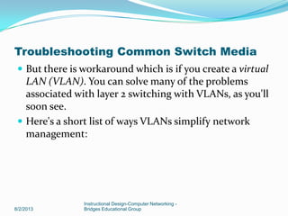  But there is workaround which is if you create a virtual
LAN (VLAN). You can solve many of the problems
associated with layer 2 switching with VLANs, as you'll
soon see.
 Here's a short list of ways VLANs simplify network
management:
8/2/2013
Instructional Design-Computer Networking -
Bridges Educational Group
Troubleshooting Common Switch Media
 