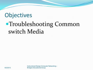 Objectives
Troubleshooting Common
switch Media
8/2/2013
Instructional Design-Computer Networking -
Bridges Educational Group
 