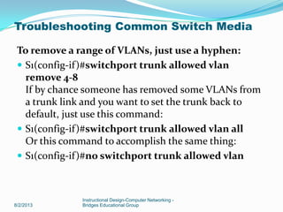 To remove a range of VLANs, just use a hyphen:
 S1(config-if)#switchport trunk allowed vlan
remove 4-8
If by chance someone has removed some VLANs from
a trunk link and you want to set the trunk back to
default, just use this command:
 S1(config-if)#switchport trunk allowed vlan all
Or this command to accomplish the same thing:
 S1(config-if)#no switchport trunk allowed vlan
8/2/2013
Instructional Design-Computer Networking -
Bridges Educational Group
Troubleshooting Common Switch Media
 