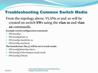 From the topology above, VLANs 10 and 20 will be
created on switch SW1 using the vlan 10 and vlan
20 commands.
Example switch configuration command:
 SW1#config t
 SW1(config)#vlan 10
 SW1(config-vlan)#vlan 20
 SW1(config-vlan)#exit
The fastethernet (fa0/3) will be set to trunk mode:
 SW1(config)#interface fa0/3
 SW1(config-if)#switchport mode trunk
 SW1(config-if)#end
8/2/2013
Instructional Design-Computer Networking -
Bridges Educational Group
Troubleshooting Common Switch Media
 
