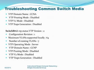  VTP Domain Name : CCNA
 VTP Pruning Mode : Disabled
 VTP V2 Mode : Disabled
 VTP Traps Generation : Disabled
SwitchB#sh vtp status VTP Version : 2
 Configuration Revision : 1
 Maximum VLANs supported locally : 64
 Number of existing VLANs : 7
 VTP Operating Mode : Server
 VTP Domain Name : CCNP
 VTP Pruning Mode : Disabled
 VTP V2 Mode : Disabled
 VTP Traps Generation : Disabled
8/2/2013
Instructional Design-Computer Networking -
Bridges Educational Group
Troubleshooting Common Switch Media
 