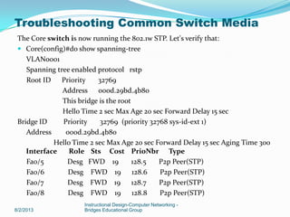 The Core switch is now running the 802.1w STP. Let's verify that:
 Core(config)#do show spanning-tree
VLAN0001
Spanning tree enabled protocol rstp
Root ID Priority 32769
Address 000d.29bd.4b80
This bridge is the root
Hello Time 2 sec Max Age 20 sec Forward Delay 15 sec
Bridge ID Priority 32769 (priority 32768 sys-id-ext 1)
Address 000d.29bd.4b80
Hello Time 2 sec Max Age 20 sec Forward Delay 15 sec Aging Time 300
Interface Role Sts Cost PrioNbr Type
Fa0/5 Desg FWD 19 128.5 P2p Peer(STP)
Fa0/6 Desg FWD 19 128.6 P2p Peer(STP)
Fa0/7 Desg FWD 19 128.7 P2p Peer(STP)
Fa0/8 Desg FWD 19 128.8 P2p Peer(STP)
8/2/2013
Instructional Design-Computer Networking -
Bridges Educational Group
Troubleshooting Common Switch Media
 