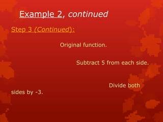 Example 2, continued
Step 3 (Continued):
Original function.
Subtract 5 from each side.
Divide both
sides by -3.
 