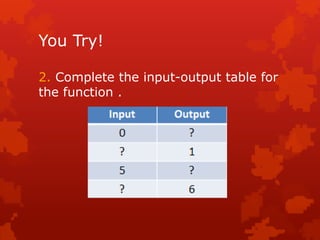 You Try!
2. Complete the input-output table for
the function .
 