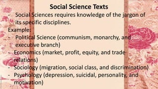 Social Science Texts
- Social Sciences requires knowledge of the jargon of
its specific disciplines.
Example:
- Political Science (communism, monarchy, and
executive branch)
- Economics (market, profit, equity, and trade
relations)
- Sociology (migration, social class, and discrimination)
- Psychology (depression, suicidal, personality, and
motivation)
 