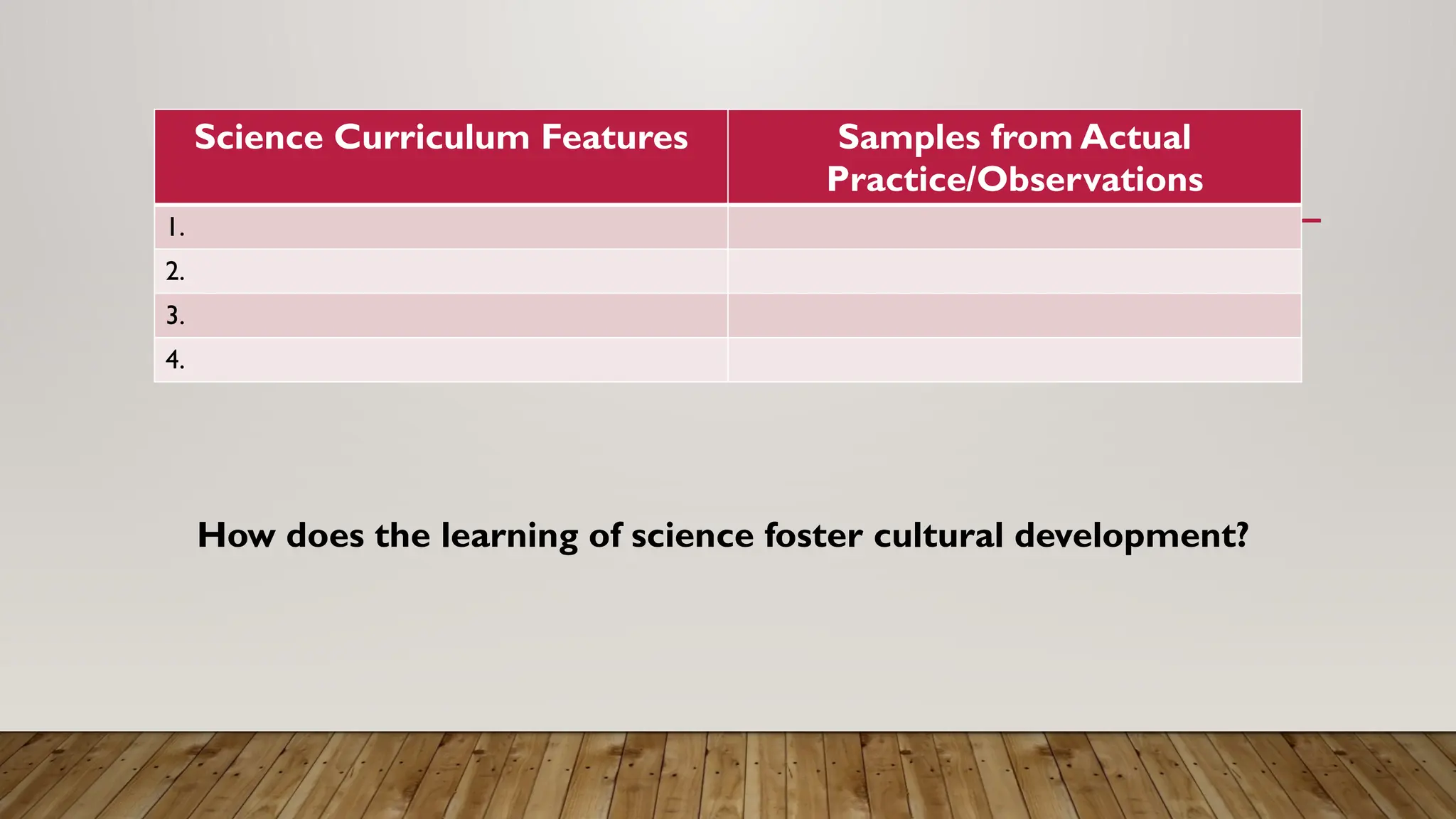 Science Curriculum Features Samples from Actual
Practice/Observations
1.
2.
3.
4.
How does the learning of science foster cultural development?
 