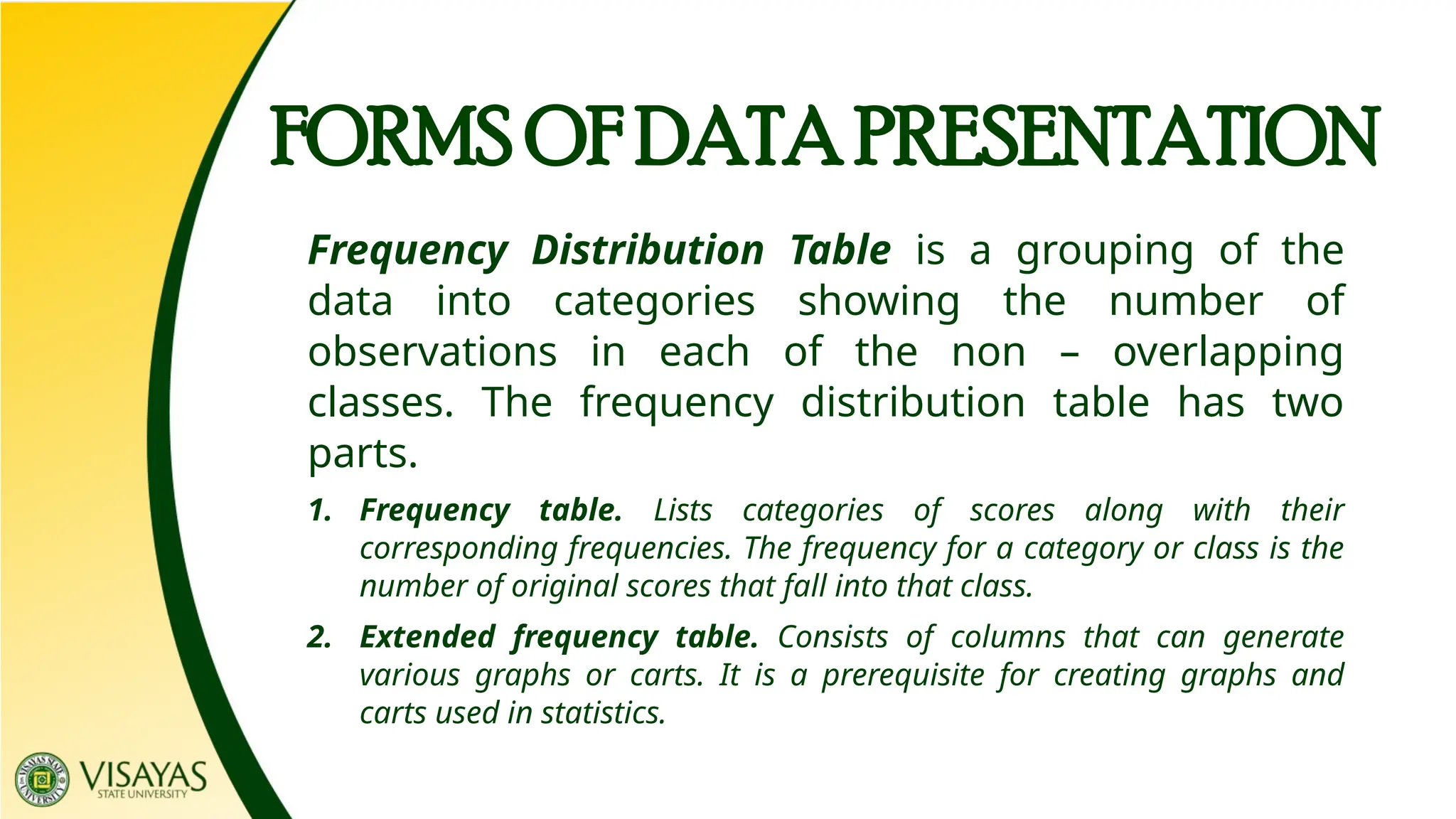 FORMS OF DATA PRESENTATION
Frequency Distribution Table is a grouping of the
data into categories showing the number of
observations in each of the non – overlapping
classes. The frequency distribution table has two
parts.
1. Frequency table. Lists categories of scores along with their
corresponding frequencies. The frequency for a category or class is the
number of original scores that fall into that class.
2. Extended frequency table. Consists of columns that can generate
various graphs or carts. It is a prerequisite for creating graphs and
carts used in statistics.
 