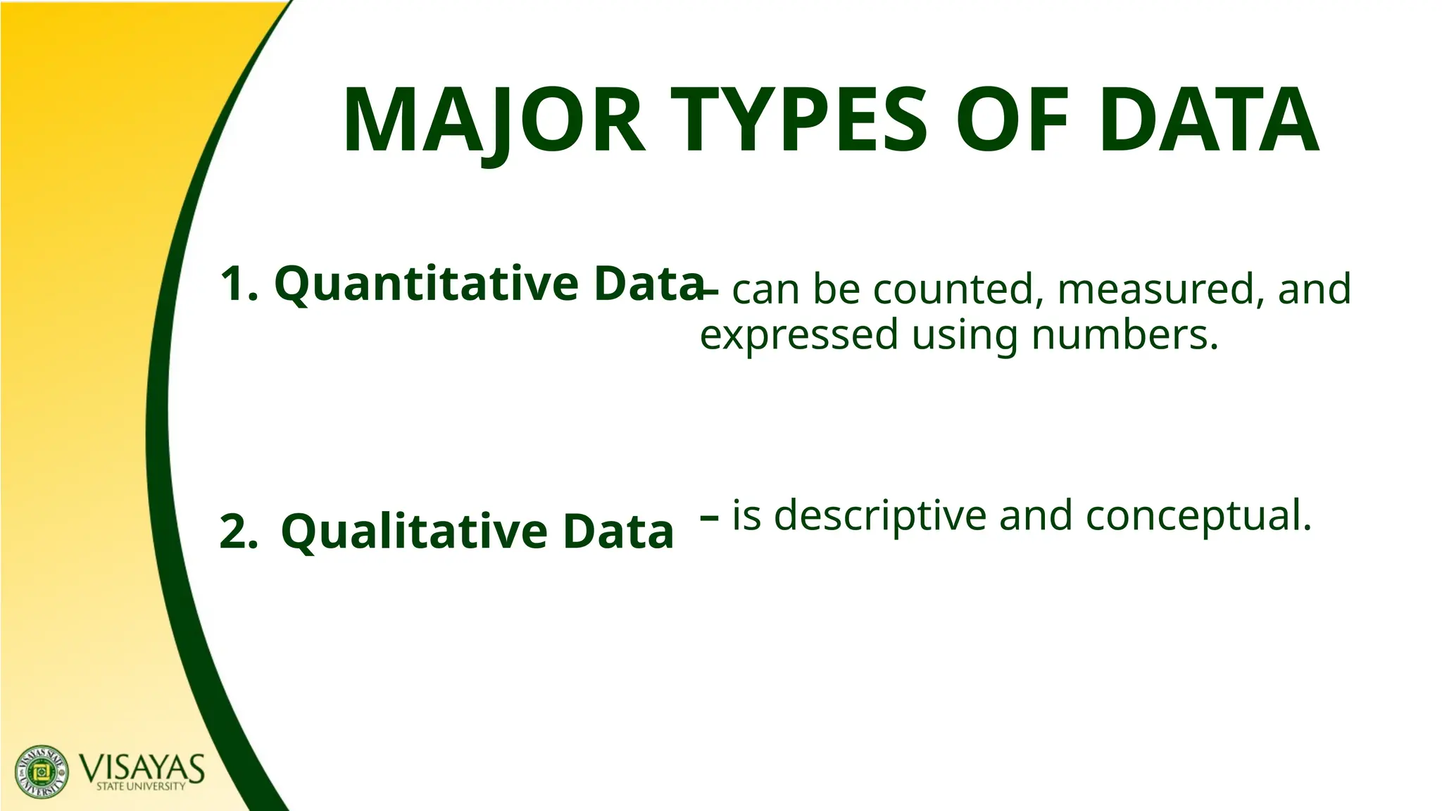 MAJOR TYPES OF DATA
1. Quantitative Data
2. Qualitative Data
– can be counted, measured, and
expressed using numbers.
– is descriptive and conceptual.
 