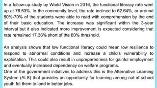 In a follow-up study by World Vision in 2016, the functional literacy rate went
up at 76.53%. In the community level, the rate inclined to 62.64%, or around
50%-70% of the students were able to read with comprehension by the end
of their basic education. The increase was significant within the 3-year
interval but it also indicated more improvement is expected considering that
rate remained 17.36% short of the 80% threshold.
An analysis shows that low functional literacy could mean low resilience to
respond to abnormal conditions and increase a child’s vulnerability to
exploitation. This could also result in unpreparedness for gainful employment
and eventually increased dependency on welfare programs.
One of the government initiatives to address this is the Alternative Learning
System (ALS) that provides an opportunity for learning among out-of-school
youth fot them to land in better jobs.
 