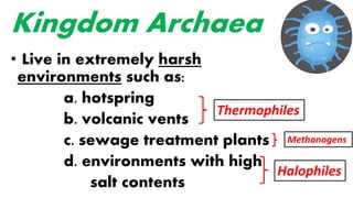 Kingdom Archaea
• Live in extremely harsh
environments such as:
a. hotspring
b. volcanic vents
c. sewage treatment plants
d. environments with high
salt contents
Thermophiles
Methanogens
Halophiles
 