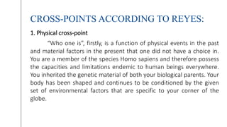 CROSS-POINTS ACCORDING TO REYES:
1. Physical cross-point
“Who one is”, firstly, is a function of physical events in the past
and material factors in the present that one did not have a choice in.
You are a member of the species Homo sapiens and therefore possess
the capacities and limitations endemic to human beings everywhere.
You inherited the genetic material of both your biological parents. Your
body has been shaped and continues to be conditioned by the given
set of environmental factors that are specific to your corner of the
globe.
 