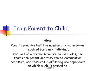 From Parent to Child.   Aims: Parents provides half the number of chromosomes required for a new individual. Versions of a chromosome are called alleles, one from each parent and they can be dominant or recessive, and features in offspring are dependant on which allele is passed on. 