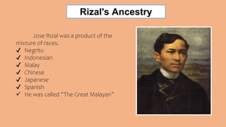 Rizal's Ancestry
Jose Rizal was a product of the
mixture of races.
✔ Negrito
✔ Indonesian
✔ Malay
✔ Chinese
✔ Japanese
✔ Spanish
 He was called “The Great Malayan”
 