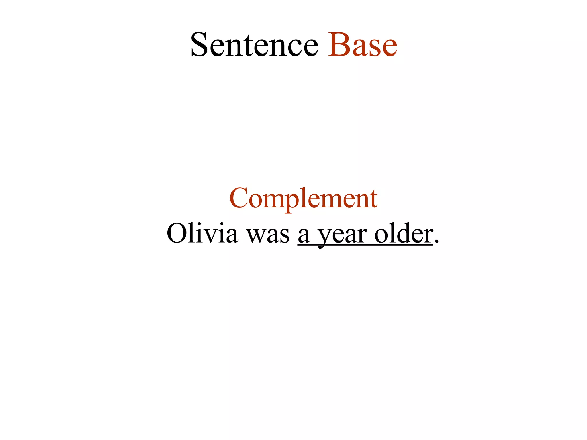 Sentence  Base Complement Olivia was  a year older . 