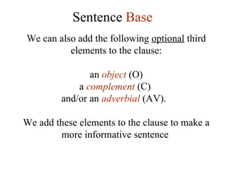 Sentence  Base We can also add the following  optional  third elements to the clause:   an  object  (O) a  complement   (C)  and/or an  adverbial  (AV).  We add these elements to the clause to make a more informative sentence  
