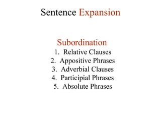 Sentence  Expansion Subordination  1.  Relative Clauses  2.  Appositive Phrases  3.  Adverbial Clauses  4.  Participial Phrases  5.  Absolute Phrases 