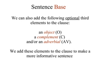Sentence  Base We can also add the following  optional  third elements to the clause:   an  object  (O) a  complement   (C)  and/or an  adverbial  (AV).  We add these elements to the clause to make a more informative sentence  