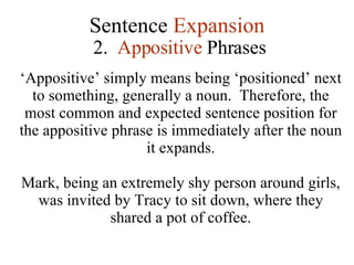 Sentence  Expansion 2.  Appositive  Phrases ‘ Appositive’ simply means being ‘positioned’ next to something, generally a noun.  Therefore, the most common and expected sentence position for the appositive phrase is immediately after the noun it expands. Mark, being an extremely shy person around girls, was invited by Tracy to sit down, where they shared a pot of coffee. 