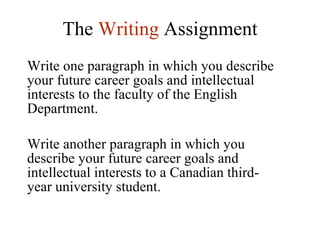 The  Writing   Assignment Write one paragraph in which you describe your future career goals and intellectual interests to the faculty of the English Department. Write another paragraph in which you describe your future career goals and intellectual interests to a Canadian third-year university student. 