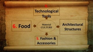 Material
CULTURE
9.
Technological
Tools
Architectural
Structures
5. Fashion &
Accessories
6. Food
 