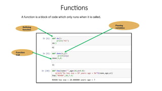 Functions
A function is a block of code which only runs when it is called.
Defining
function
Passing
variables
Function
Call
 