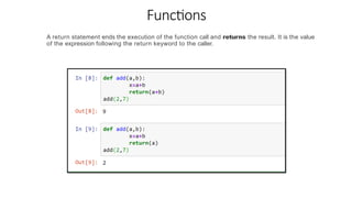Functions
A return statement ends the execution of the function call and returns the result. It is the value
of the expression following the return keyword to the caller.
 