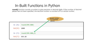 In-Built Functions in Python
round() function rounds a number to give precision in decimal digits. If the number of decimal
places has not been specified, the decimal number is rounded off to a whole number.
Rounds number
to 2 decimal
places
 