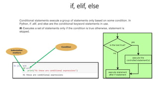 if, elif, else
Conditional statements execute a group of statements only based on some condition. In
Python, if ,elif, and else are the conditional keyword statements in use.
if: Executes a set of statements only if the condition is true otherwise, statement is
skipped.
Condition
Indentation
matters
 