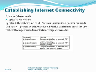 Other useful commands
 Specify a RIP Version
By default, the software receives RIP version 1 and version 2 packets, but sends
only version 1 packets. To control which RIP version an interface sends, use one
of the following commands in interface configuration mode:
8/2/2013
Instructional Design-Computer Networking -
Bridges Educational Group
Establishing Internet Connectivity
 
