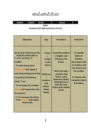 Subject      English   Grade         6         Lesson     4
                              Topic:
                Numbers( 20-100) and letters (Vv-Zz)




         Objectives             Aids         Procedure          Evaluation




By the end of this lesson the  Poster Great the students      Ss. Identify
  students will be able to:-       s     in English. and       letters &
1. show greeting in            numbe     introduce, the        Number.
English.                       rs and        lesson.       Show flash cards
- To show and practice         letters                     of numbers and
                                                           ask them to say
“Good bye” and repeat it
                                       - Write the topic .   the number.
and using miming and acting Flashcard    - presents new
-To practice introducing         s        letters using     Ss. Repeat and
                            numbers    flashcards, board recognize letters
using “ I am "                          showing how to
                               and                            & numbers
- To rearrange the numbers               write the new
                             letters. letters with sample
20-100 and repeat them (by   -Video          words.
the posters )                -Books

 5- To rearrange the letters
 from V v to Zz and repeat
         them orally




                                1
 