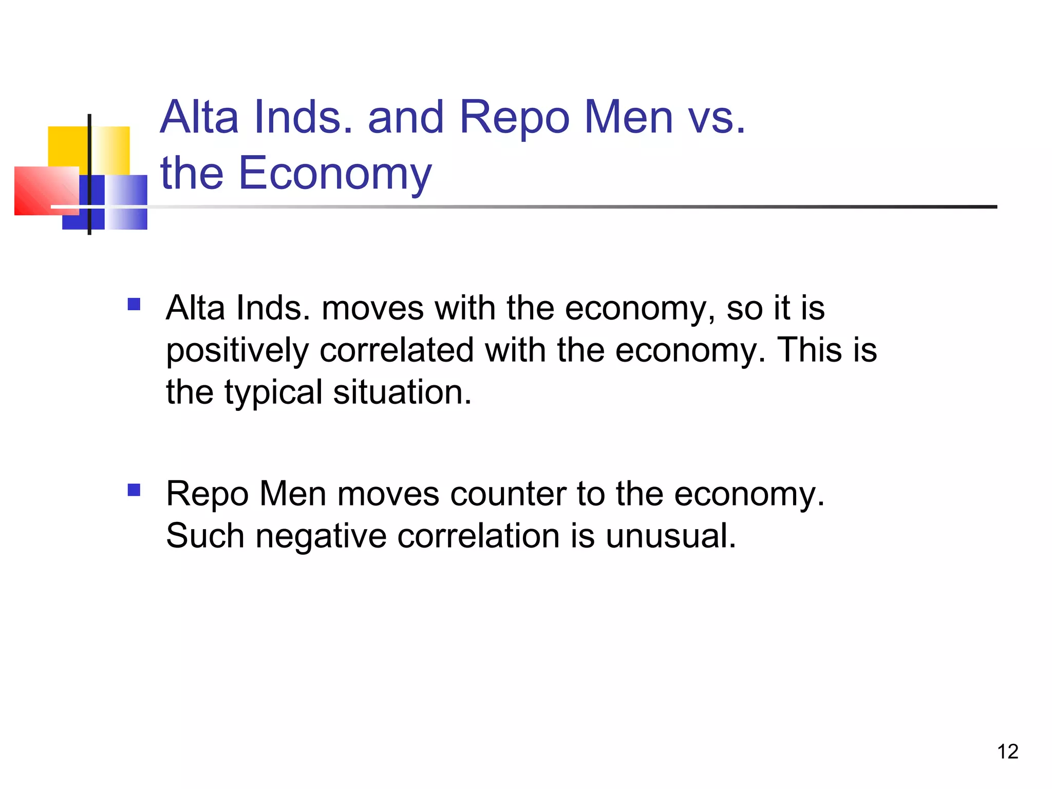 Alta Inds. and Repo Men vs.
    the Economy

   Alta Inds. moves with the economy, so it is
    positively correlated with the economy. This is
    the typical situation.

   Repo Men moves counter to the economy.
    Such negative correlation is unusual.




                                                      12
 