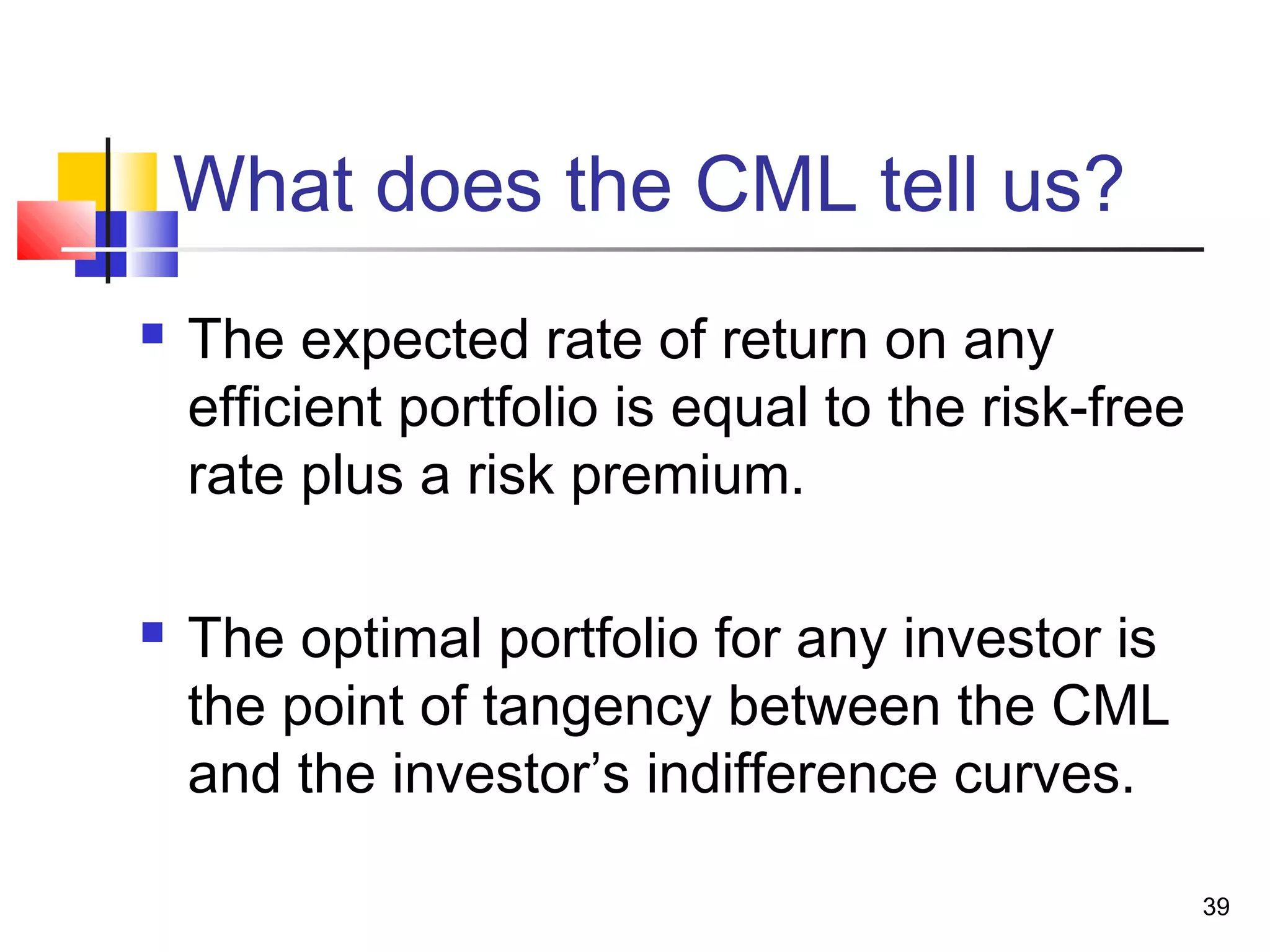 What does the CML tell us?
   The expected rate of return on any
    efficient portfolio is equal to the risk-free
    rate plus a risk premium.

   The optimal portfolio for any investor is
    the point of tangency between the CML
    and the investor’s indifference curves.

                                                    39
 