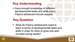 3
▪ Have enough knowledge of different
developmental tasks and skills every
Filipino adolescent should acquire
Key Understanding
▪ What do Filipino adolescents need to
learn in terms of developmental tasks and
skills in order for them to grow into well-
rounded young adults?
Key Question
 