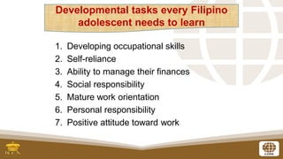 7
1. Developing occupational skills
2. Self-reliance
3. Ability to manage their finances
4. Social responsibility
5. Mature work orientation
6. Personal responsibility
7. Positive attitude toward work
Developmental tasks every Filipino
adolescent needs to learn
 