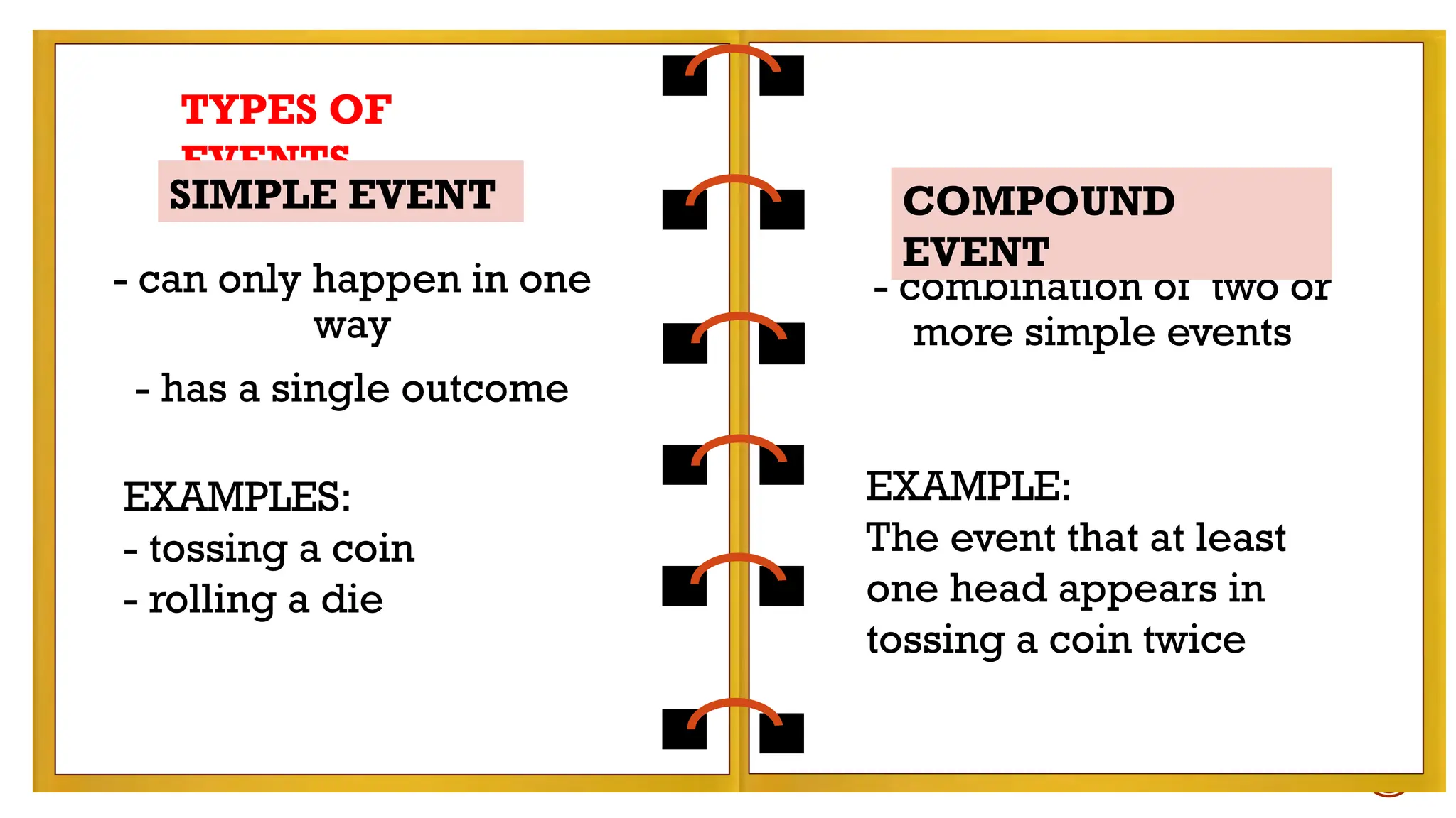 EXAMPLES:
- tossing a coin
- rolling a die
SIMPLE EVENT
TYPES OF
EVENTS
- can only happen in one
way
- has a single outcome
- combination of two or
more simple events
EXAMPLES:
- tossing a coin
- rolling a die
EXAMPLE:
The event that at least
one head appears in
tossing a coin twice
SIMPLE EVENT COMPOUND
EVENT
 