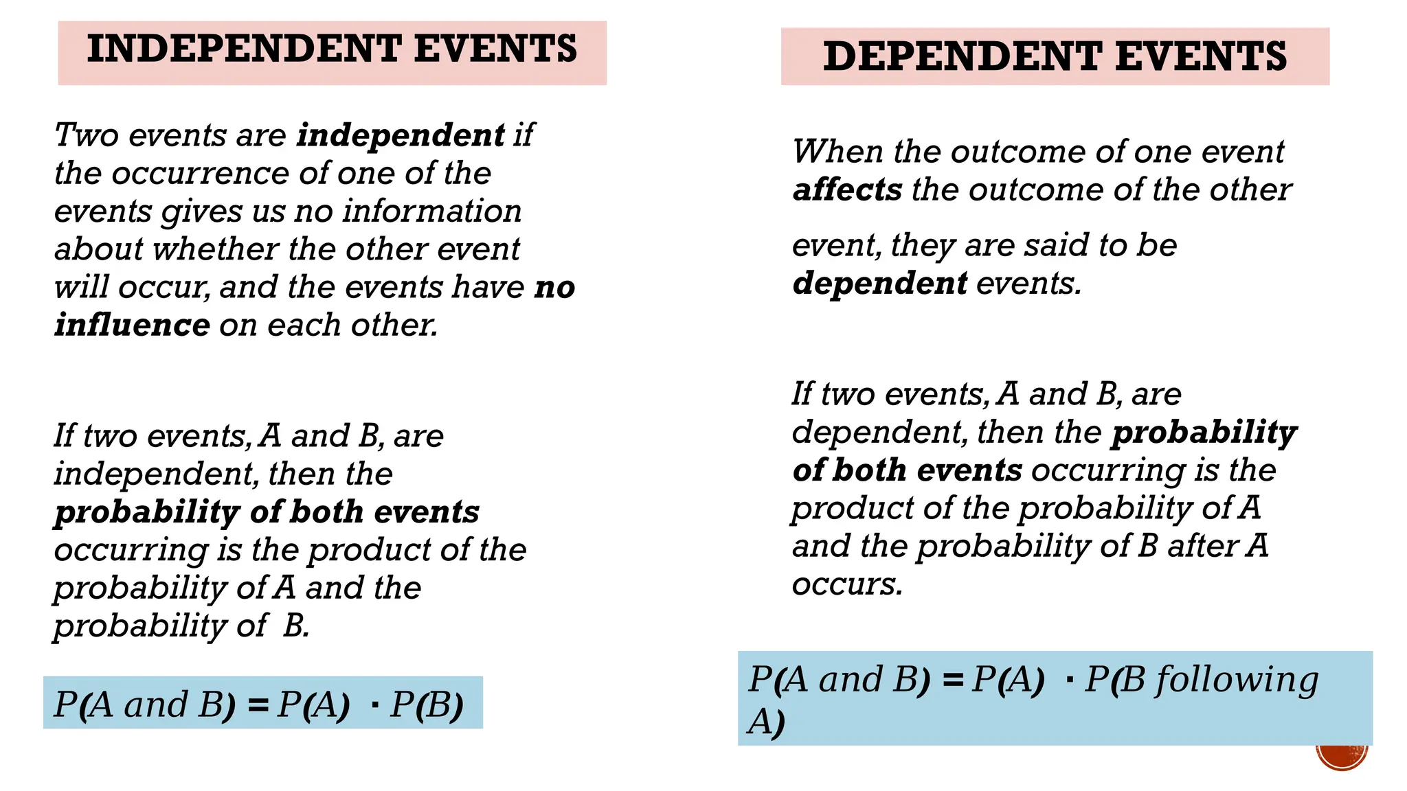 Two events are independent if
the occurrence of one of the
events gives us no information
about whether the other event
will occur,and the events have no
influence on each other.
If two events,A and B,are
independent,then the
probability of both events
occurring is the product of the
probability of A and the
probability of B.
When the outcome of one event
affects the outcome of the other
event,they are said to be
dependent events.
If two events,A and B,are
dependent,then the probability
of both events occurring is the
product of the probability of A
and the probability of B after A
occurs.
INDEPENDENT EVENTS DEPENDENT EVENTS
𝑃( ) = ( )
𝐴 𝑎𝑛𝑑 𝐵 𝑃 𝐴 ∙ (
𝑃 𝐵 𝑓𝑜𝑙𝑙𝑜𝑤𝑖𝑛𝑔
)
𝐴
𝑃( ) = ( )
𝐴 𝑎𝑛𝑑 𝐵 𝑃 𝐴 ∙ ( )
𝑃 𝐵
 